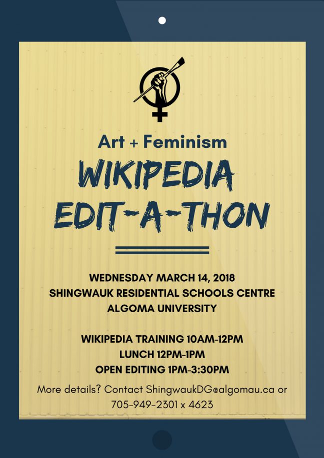Art+Feminism Wikipedia Edit A Thon written in blue of yellow background. Poster.