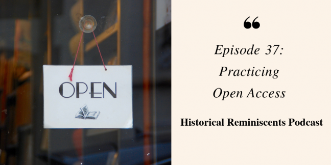 Open sign hanging in a window. Right side reads' Episode 37: Practicing Open Access."