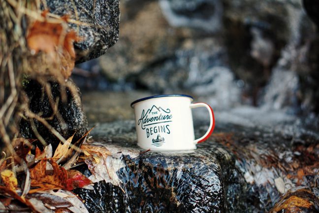 adventure begins mug sitting outside on rock with leaves nearby
