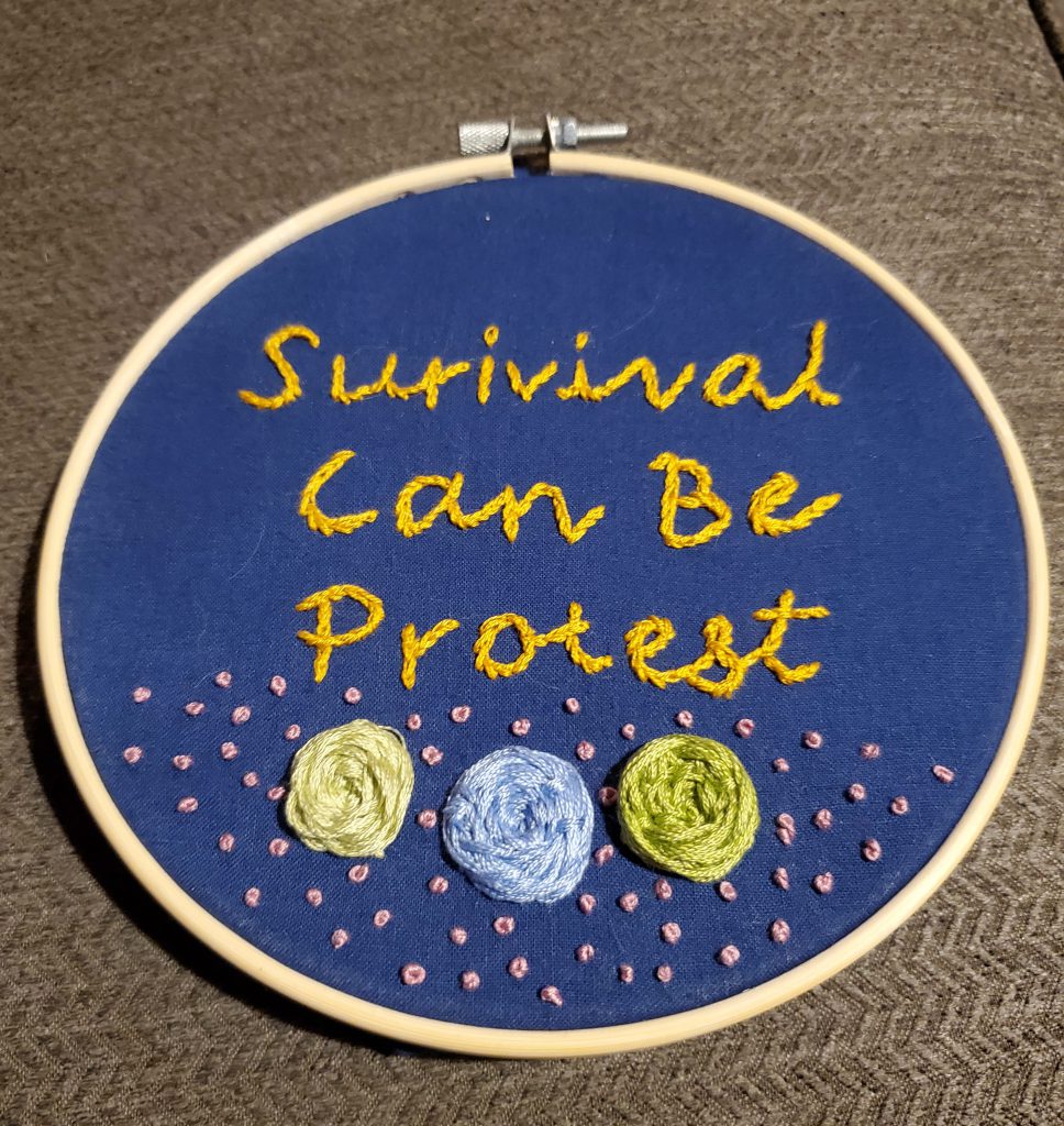 embroidery reading Survivor can be protest