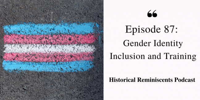 Left side shows chalk trans flag on black background. Right side reads Episode 87: Gender Identity Inclusion and training